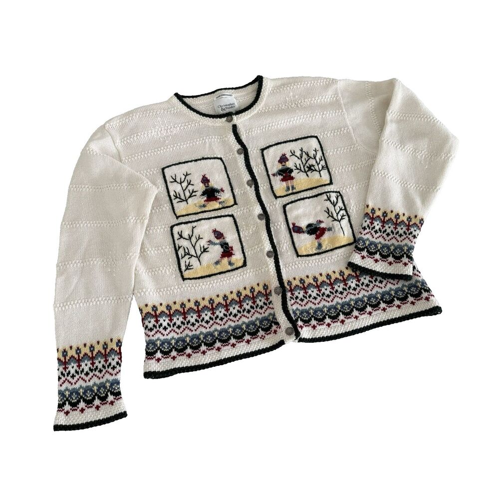 Christopher & Banks Women's XL Embroidered Ice Skater Cardigan Y2K Fair Isle Vtg